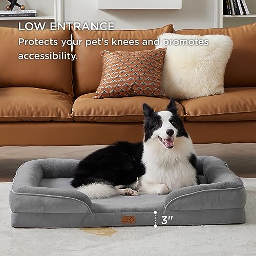 Bedsure Orthopedic Pet Bed - Large Washable Dog Sofa With Supportive Foam, Removable Cover, Waterproof Lining, Nonskid Bottom - Grey