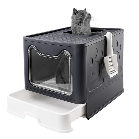 Bolux Foldable Cat Litter Box with Lid - Extra Large, Dark Grey