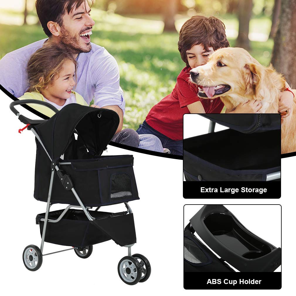 BestPet 3-Wheel Pet Stroller - Folding, Waterproof, Black