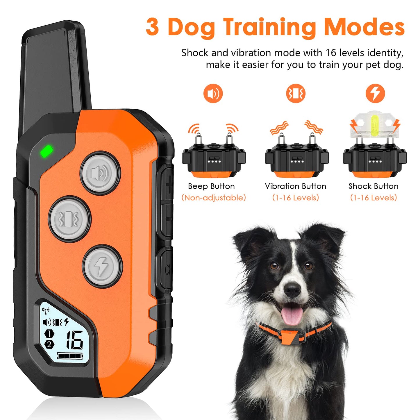 PIOUNS Dog Shock Collar, IP67 Waterproof Dog Training Collar with Remote, 3 Training Modes, Shock